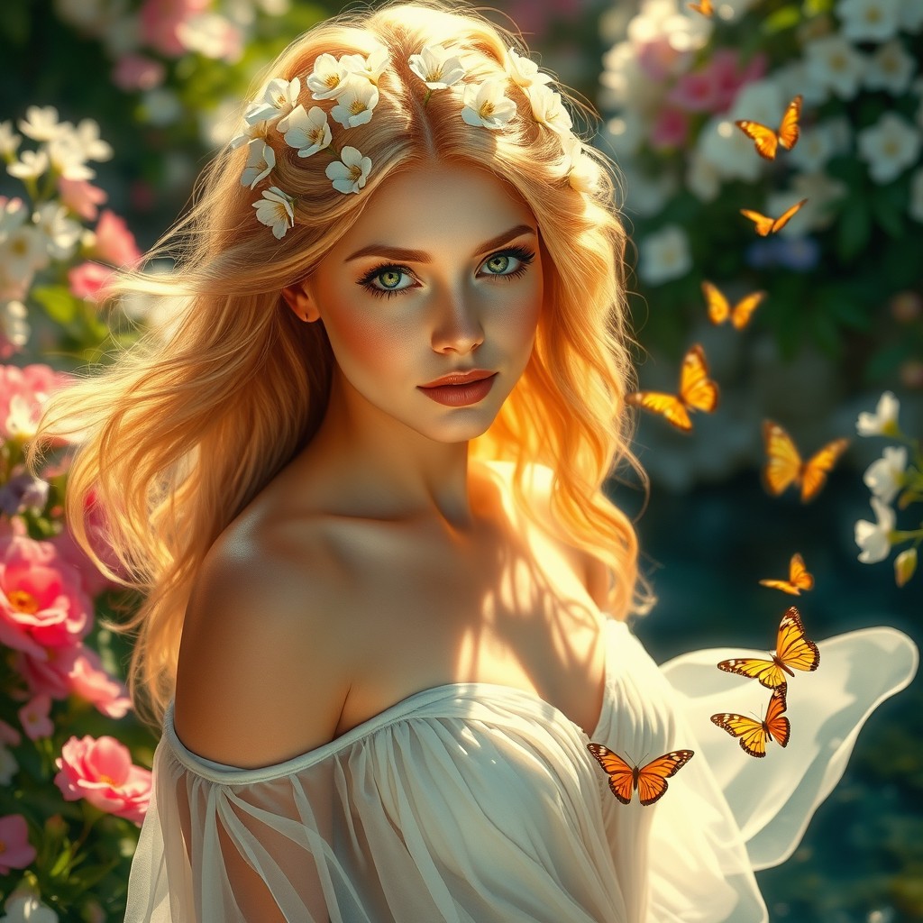 A stunning portrayal of Aphrodite, the Greek goddess of love and beauty, depicted in a lush, vibrant garden filled with blooming flowers