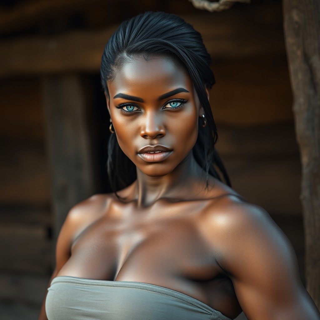 A strong, dark-skinned woman with sleek hair and striking azure blue eyes, confidently standing in front of a wooden hut