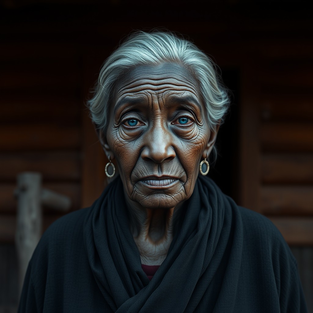 An elderly dark-skinned woman with smooth hair and striking azure blue eyes, very strong and commanding presence, standing proudly in front of a wooden house in a dimly lit environment, with a sense of mystery and strength emanating from her