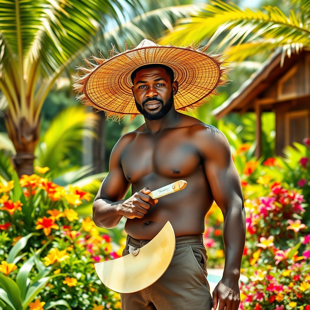 A tall dark-skinned man wearing a large straw hat, holding a machete, standing in a vibrant Caribbean garden full of colorful tropical flowers and lush greenery