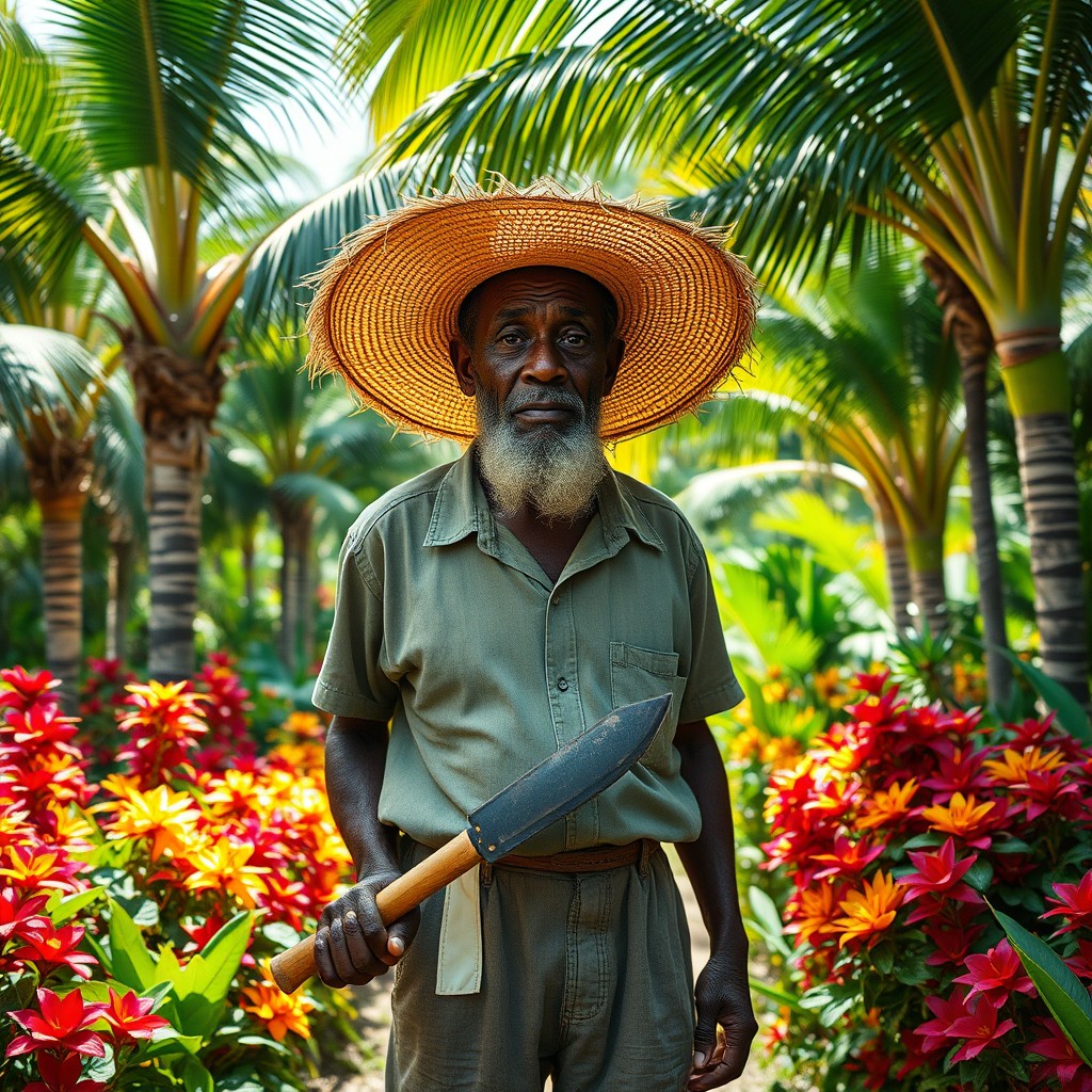 A tall, elderly dark-skinned man with a strong character, wearing a large straw hat, holding a machete in his hand, standing in a lush Caribbean garden