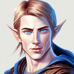 This is a digital art image of a young man who is a half-elf, with striking blue eyes