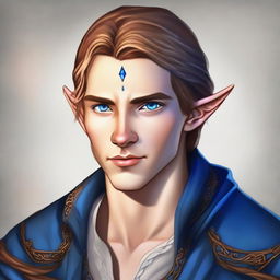 This is a digital art image of a young man who is a half-elf, with striking blue eyes