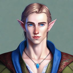 This is a digital art image of a young man who is a half-elf, with striking blue eyes