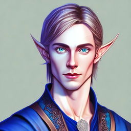 This is a digital art image of a young man who is a half-elf, with striking blue eyes