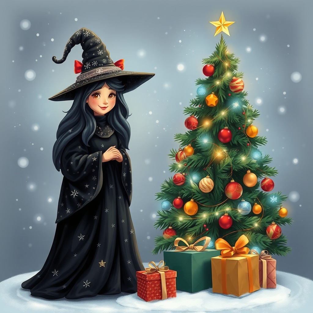 A whimsical and enchanting Christmas witch standing beside a beautifully decorated Christmas tree
