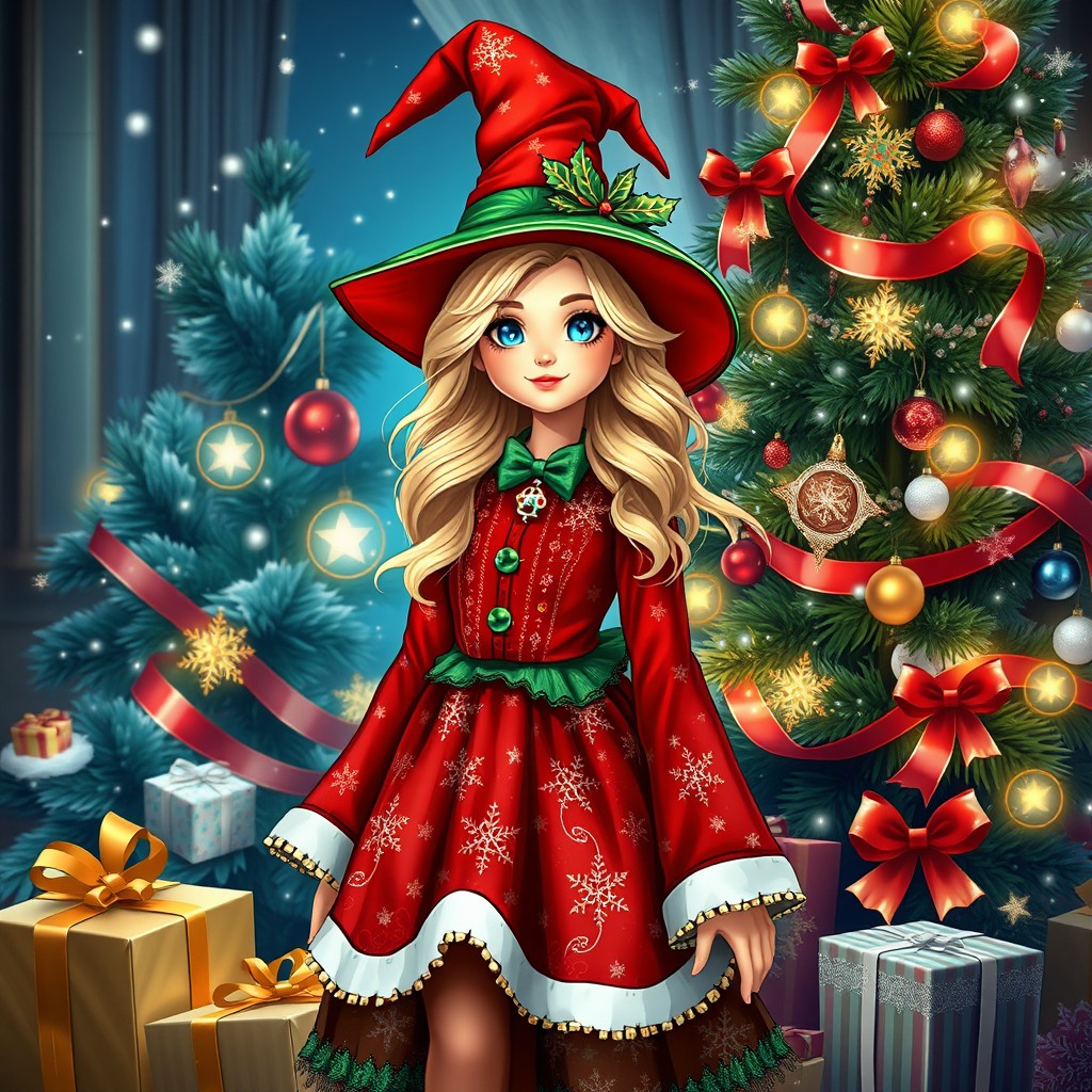 A beautiful blonde Christmas witch dressed in a vibrant red and green outfit standing next to a magical Christmas tree