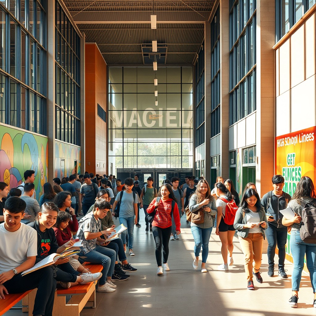 A vibrant scene of a modern high school, bustling with students of diverse backgrounds engaging in various activities, such as animated conversations, studying together on benches, and walking through the halls