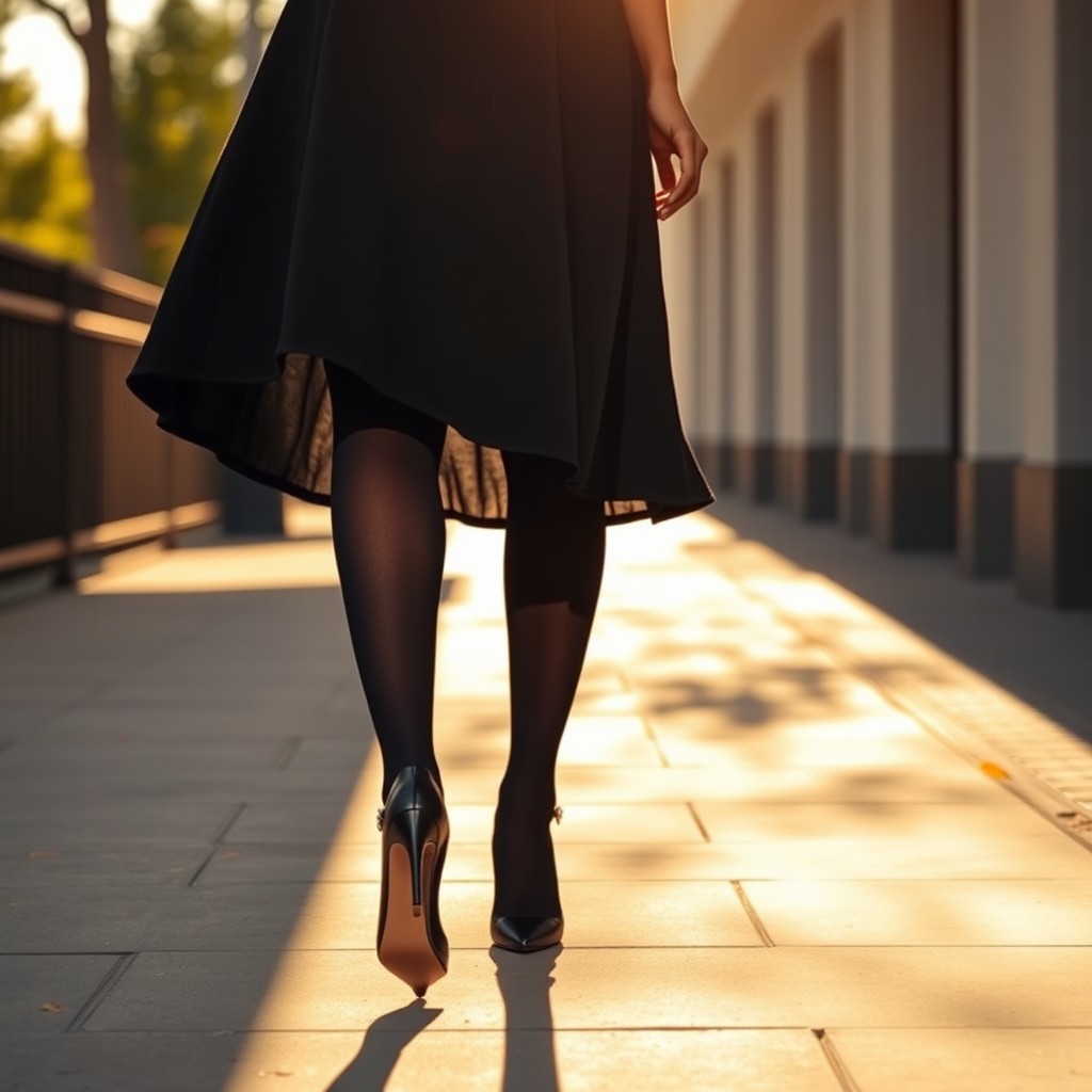 A woman dressed in a thick black chadori, complemented by thick black tights and elegant black high heels, confidently walking on a sunlit sidewalk