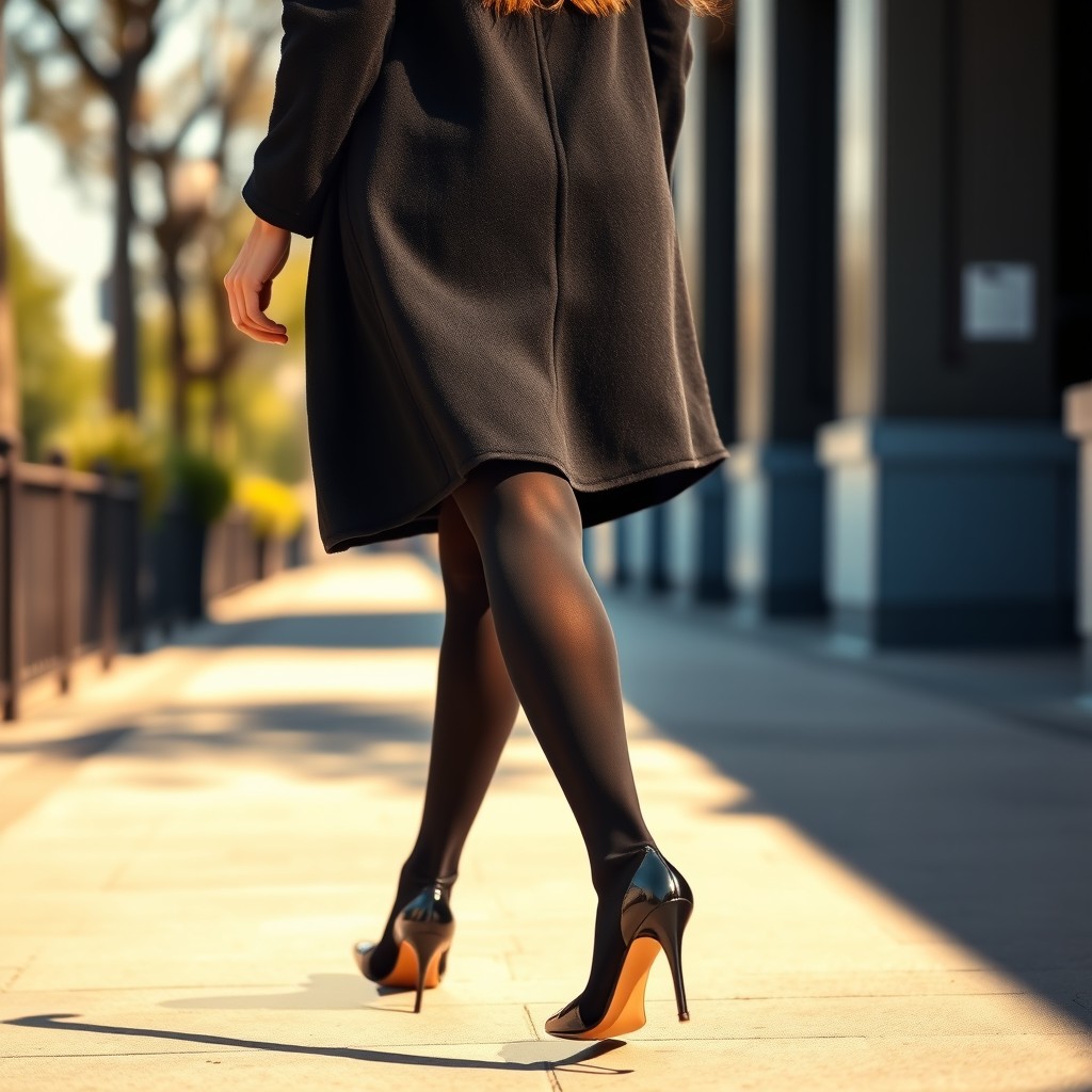 A woman elegantly dressed in a thick black chadori, adorned with thick black tights and stylish black high heels, gracefully walking along a sunlit sidewalk