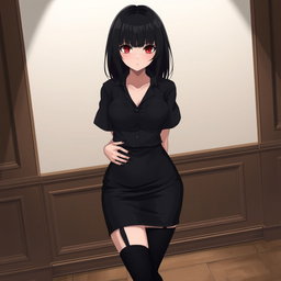 An anime woman with stunning black shoulder-length perfectly cut hair that frames her face beautifully