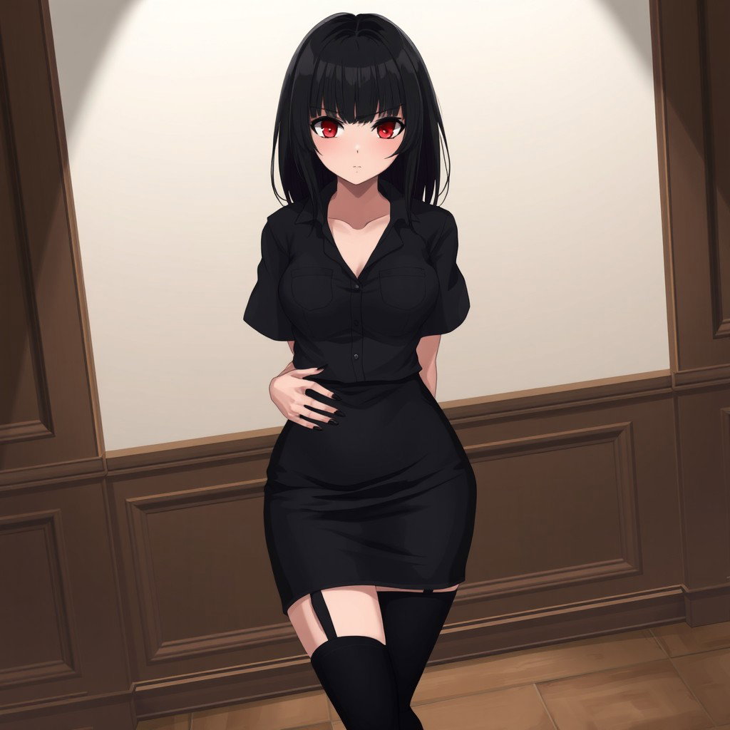 An anime woman with stunning black shoulder-length perfectly cut hair that frames her face beautifully