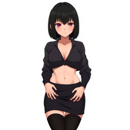 An anime woman with stunning black shoulder-length perfectly cut hair that frames her face beautifully