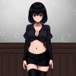 An anime woman with stunning black shoulder-length perfectly cut hair that frames her face beautifully
