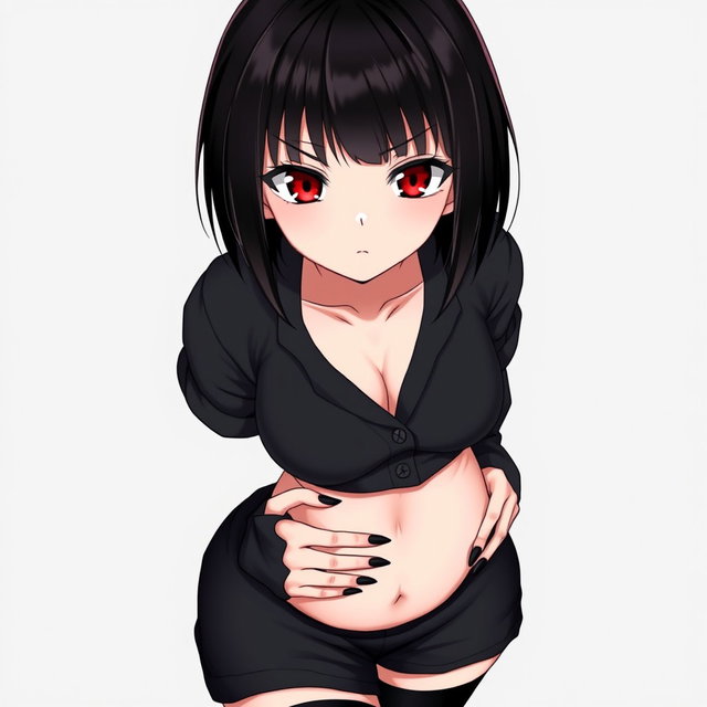 An anime woman with stunning black shoulder-length perfectly cut hair that frames her face beautifully