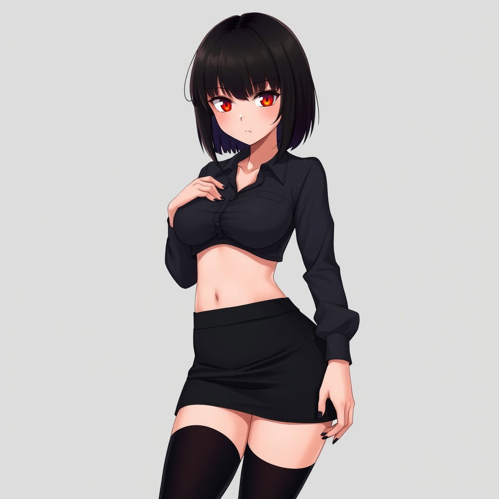 An anime woman with striking black shoulder-length perfectly cut hair that frames her face elegantly
