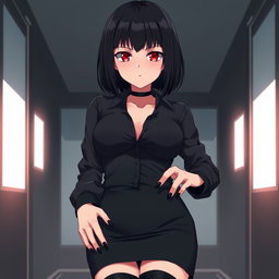 An anime woman with striking black shoulder-length perfectly cut hair that frames her face elegantly