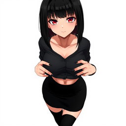 An anime woman with striking black shoulder-length perfectly cut hair that frames her face elegantly