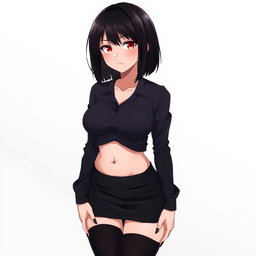 An anime woman with striking black shoulder-length perfectly cut hair that frames her face elegantly