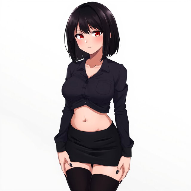 An anime woman with striking black shoulder-length perfectly cut hair that frames her face elegantly