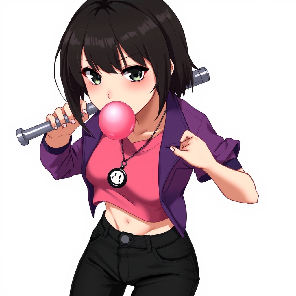 An anime woman with short, boyish black hair styled upwards, featuring a few streaks of hair on the sides that gracefully cover the front of her ears