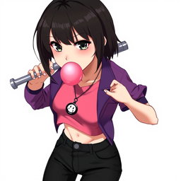 An anime woman with short, boyish black hair styled upwards, featuring a few streaks of hair on the sides that gracefully cover the front of her ears