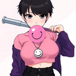 An anime woman with short, boyish black hair styled upwards, featuring a few streaks of hair on the sides that gracefully cover the front of her ears