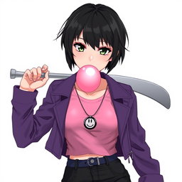 An anime woman with short, boyish black hair styled upwards, featuring a few streaks of hair on the sides that gracefully cover the front of her ears