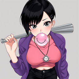 An anime woman with short, boyish black hair styled upwards, featuring a few streaks of hair on the sides that gracefully cover the front of her ears