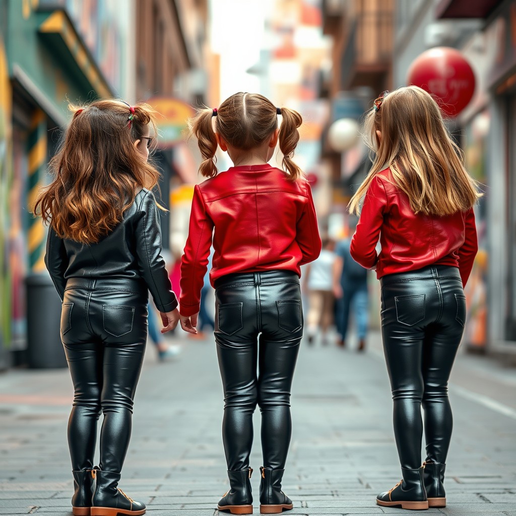 A playful scene featuring a group of three little girls, all around 7 years old, wearing shiny leather tights