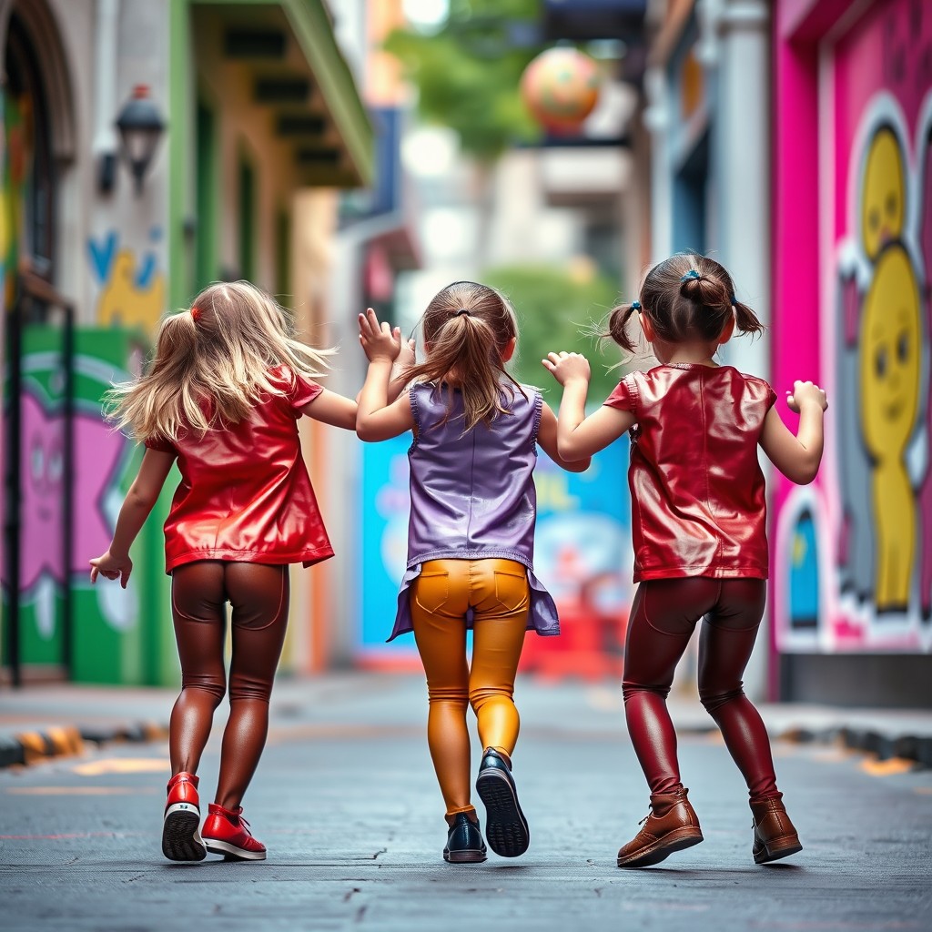 A lively scene capturing a group of three little girls, all around 7 years old, wearing shiny leather tights, playfully dancing in a fun and carefree manner in a city setting