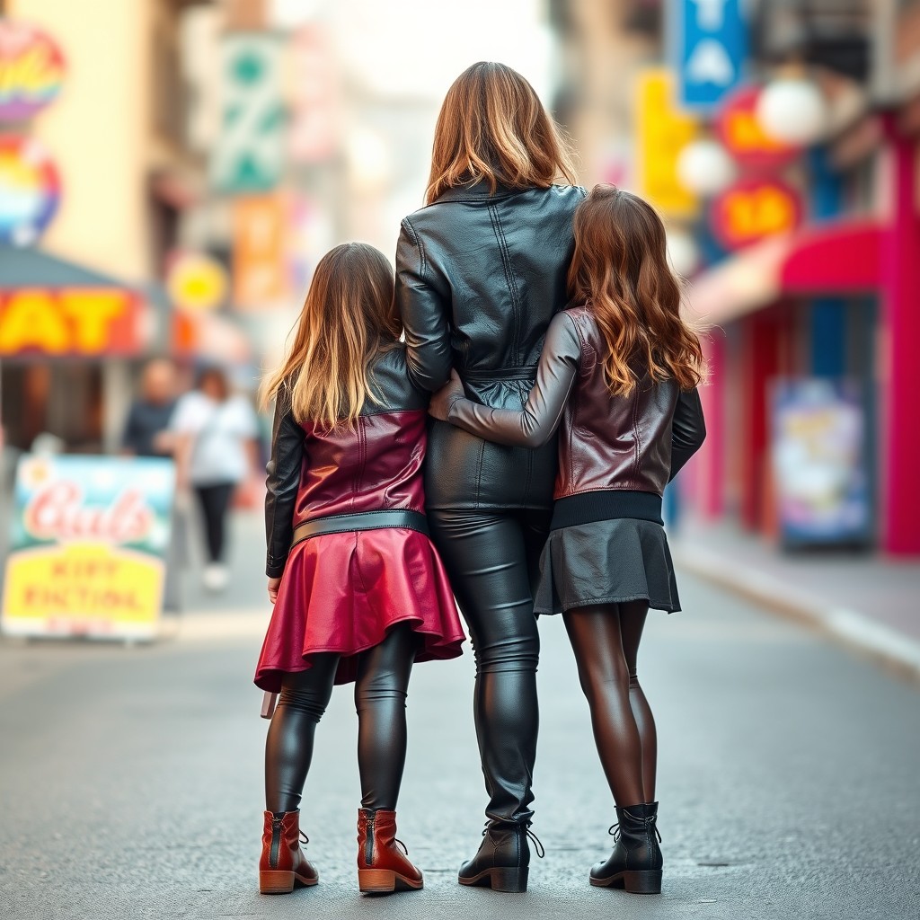 A heartwarming scene of a mother and her two daughters, all wearing shiny leather tights, with the girls around 7 years old