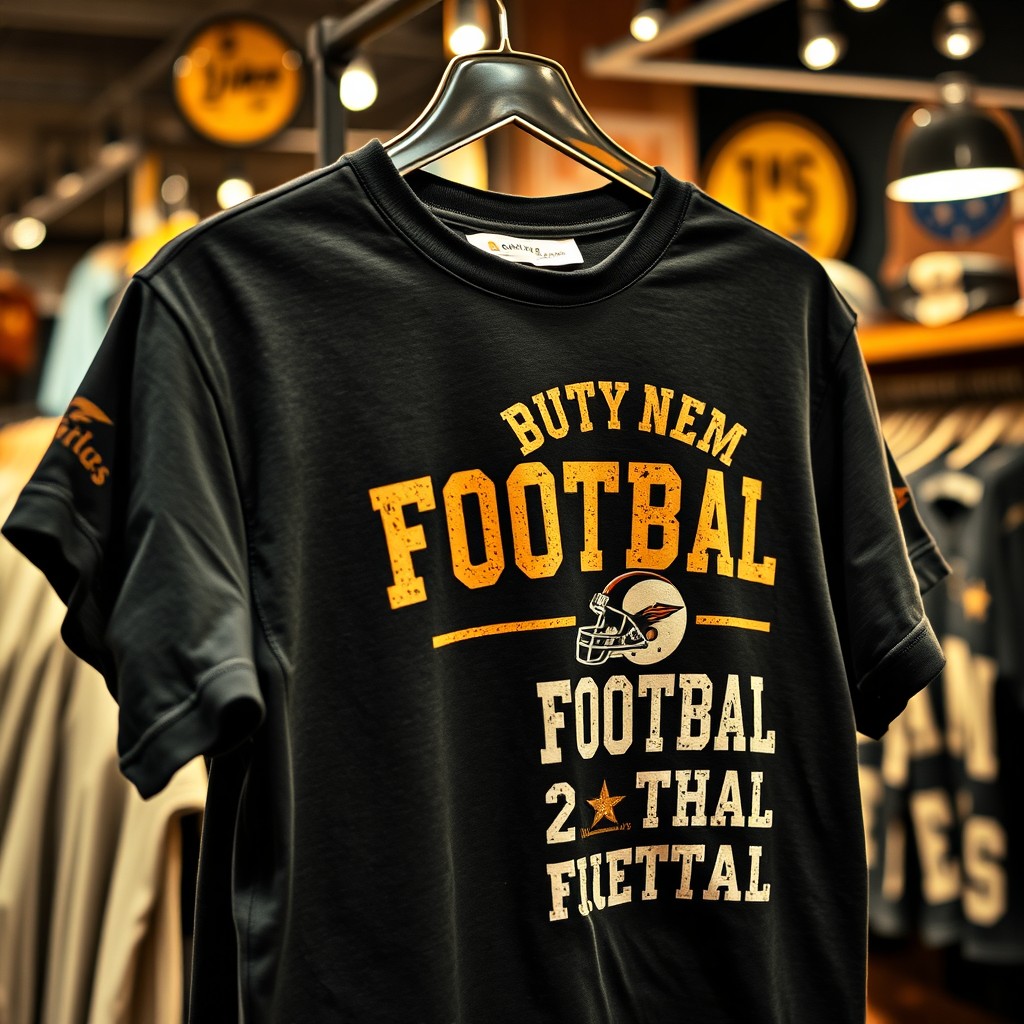 A black retro American football t-shirt hanging on a store hanger, featuring bold and catchy phrases related to football
