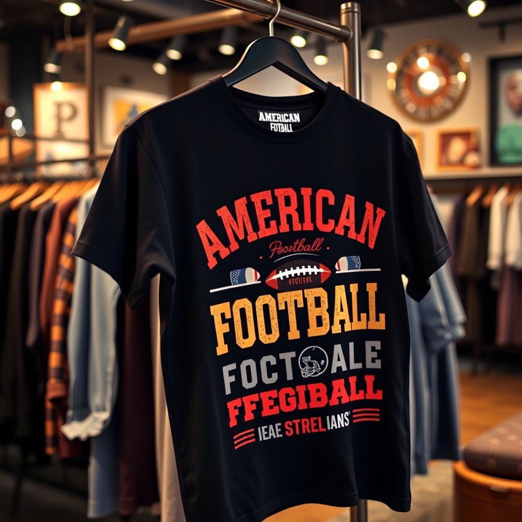 A black t-shirt featuring retro American football graphics and phrases, showcased hanging from a clothing rack in a trendy store