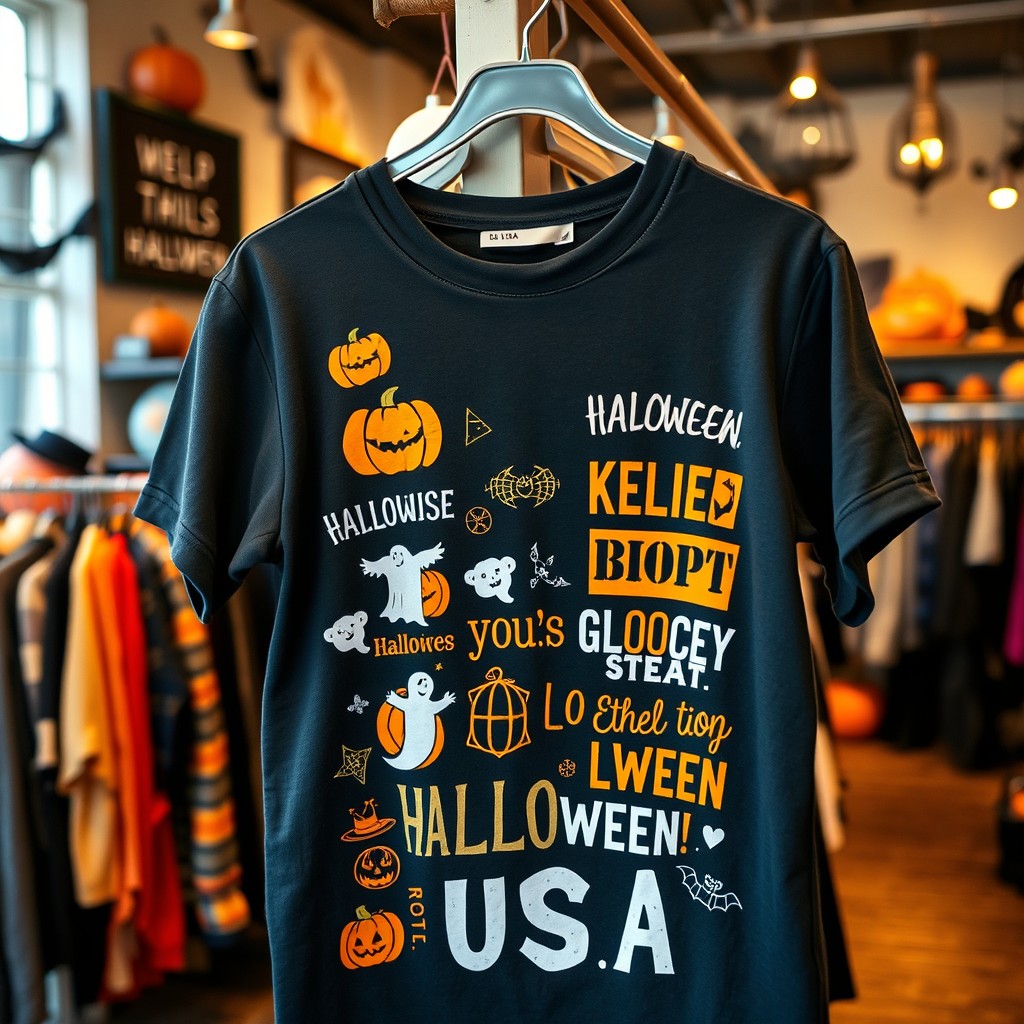 A black t-shirt adorned with Halloween-themed graphics and phrases, hanging from a clothing rack in a charming boutique store
