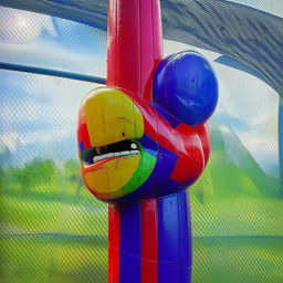 A detailed close-up of a cheerful, vibrant goal post in the shape of a smile.