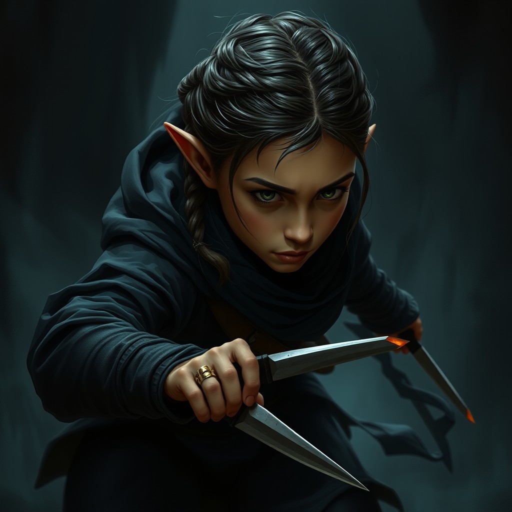 A stealthy young female halfling rogue with tan skin, dressed in dark clothing that contrasts sharply with her complexion