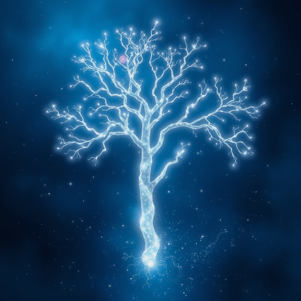 A galactic filament in the shape of a glowing white tree suspended in a deep blue space