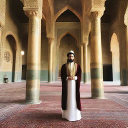 A young 22-year-old man fitted in a traditional Persian royal attire, carrying a sense of authority and pride, positioned as the King of Iran with a majestic backdrop of an Iranian palace.