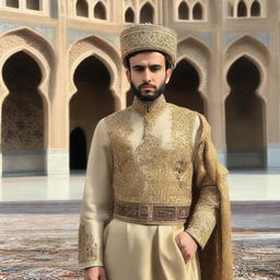 A young 22-year-old man fitted in a traditional Persian royal attire, carrying a sense of authority and pride, positioned as the King of Iran with a majestic backdrop of an Iranian palace.