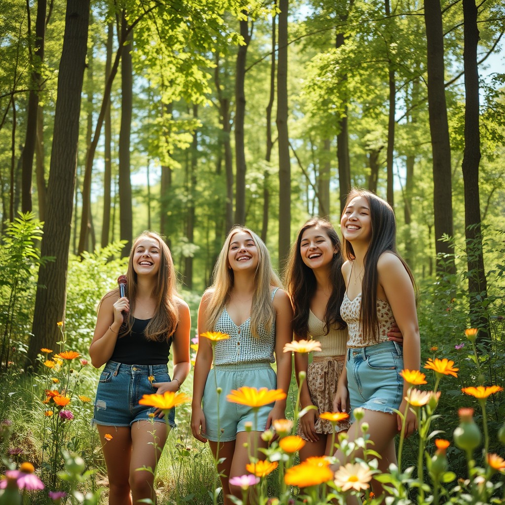 A picturesque forest scene featuring a group of pretty teenagers enjoying a sunny day among tall trees and vibrant green foliage