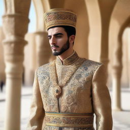 A young 22-year-old man fitted in a traditional Persian royal attire, carrying a sense of authority and pride, positioned as the King of Iran with a majestic backdrop of an Iranian palace.