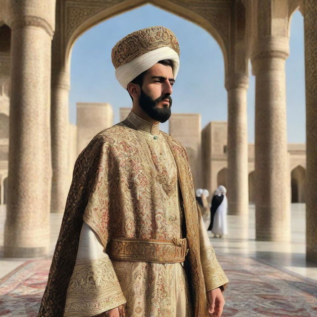 A young 22-year-old man fitted in a traditional Persian royal attire, carrying a sense of authority and pride, positioned as the King of Iran with a majestic backdrop of an Iranian palace.