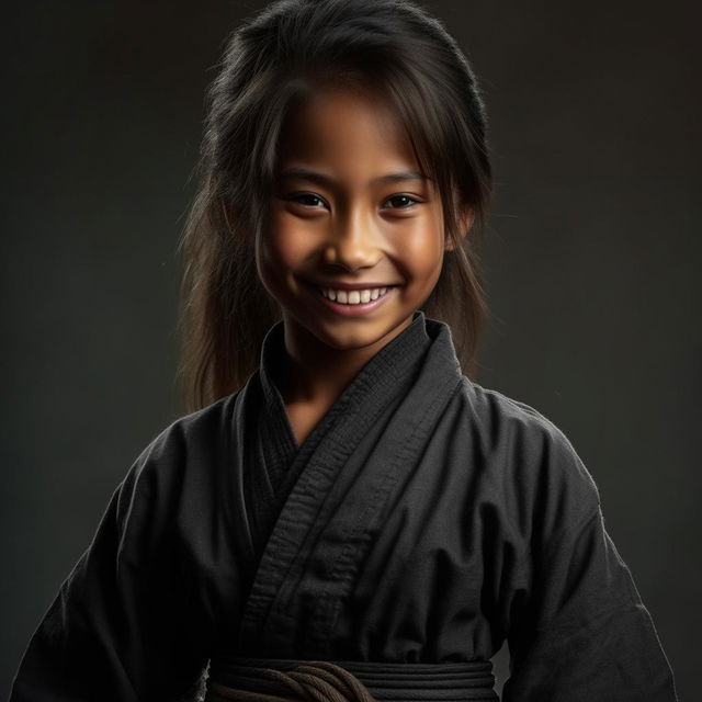 A young ninja girl exhibiting a stunning smile full of confidence and strength.