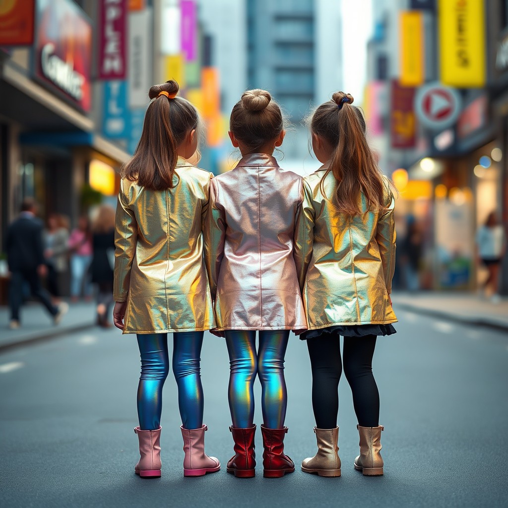A lively scene featuring a group of three little girls, all around 7 years old, dressed in iridescent translucent leather tights that catch the light beautifully