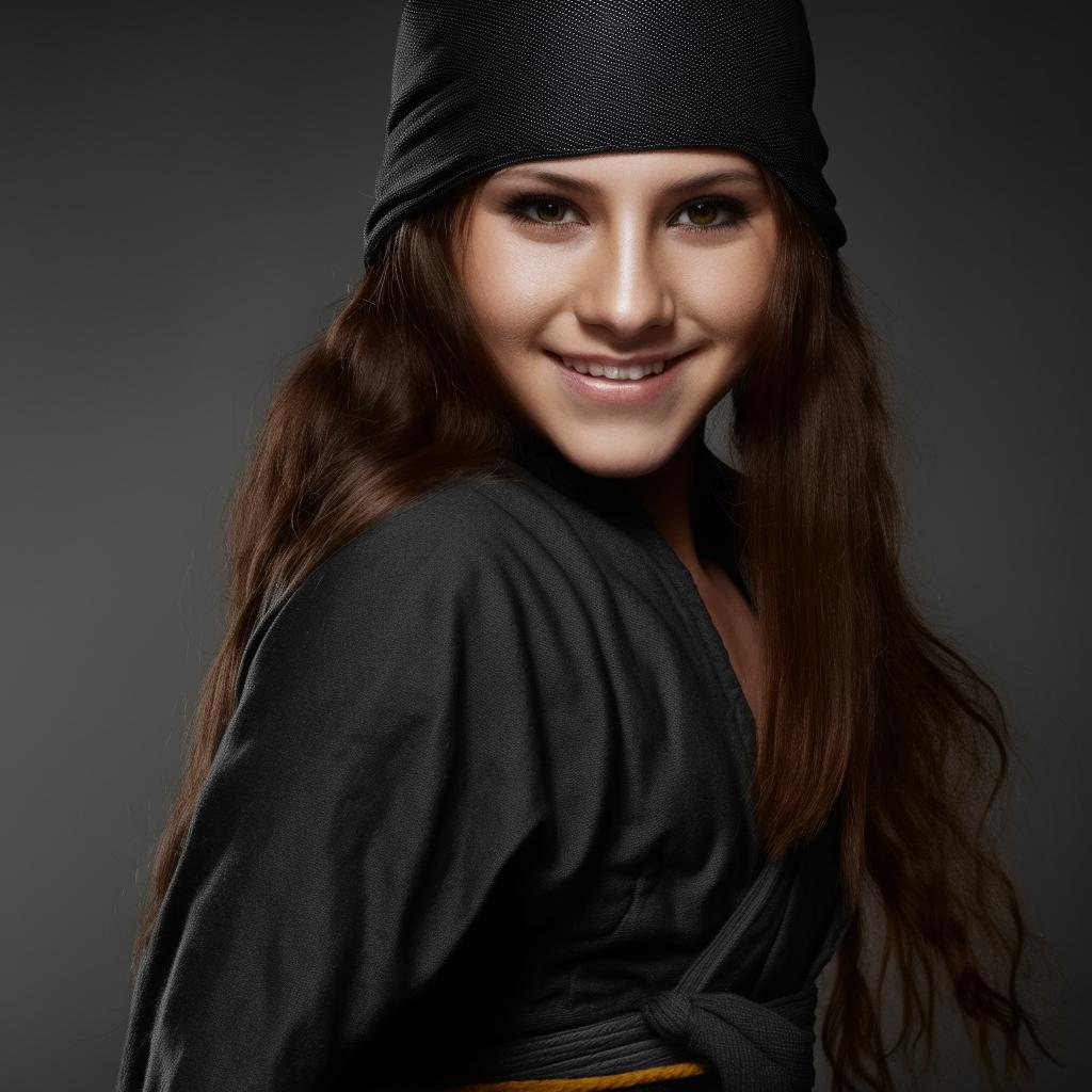 A young ninja girl exhibiting a stunning smile full of confidence and strength.