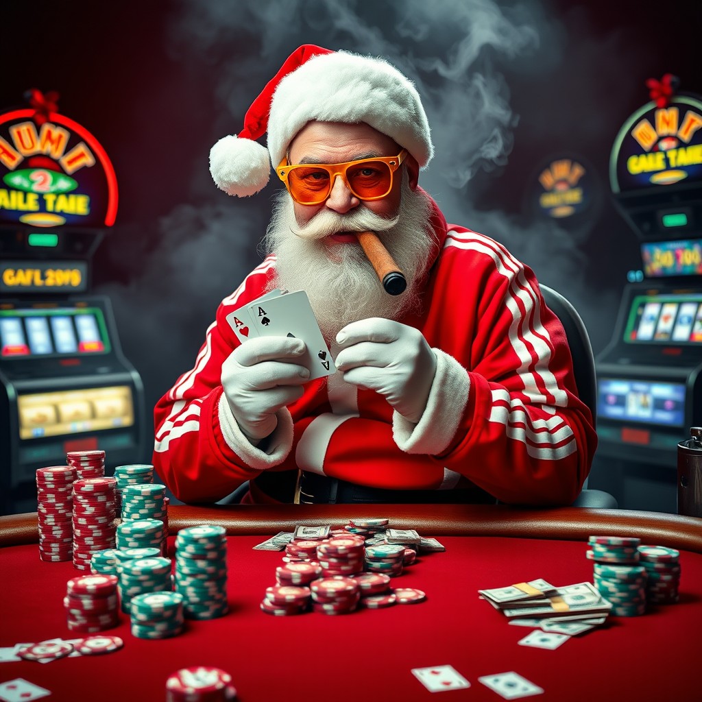 Santa Claus in a vibrant red jogging suit with striking white stripes, sitting confidently at a poker table brimming with excitement