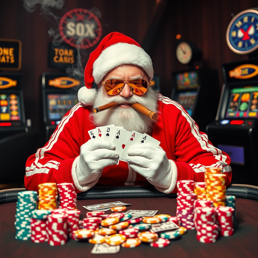 Santa Claus in a vibrant red jogging suit accented with white stripes, sitting confidently at a poker table surrounded by stacks of colorful poker chips