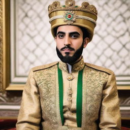 A 22-year-old man dressed in a blend of modern and traditional Iranian attire, portraying an air of anticipation and readiness to ascend the throne as the King of Iran in a post-2025 setting.