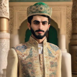 A 22-year-old man dressed in a blend of modern and traditional Iranian attire, portraying an air of anticipation and readiness to ascend the throne as the King of Iran in a post-2025 setting.